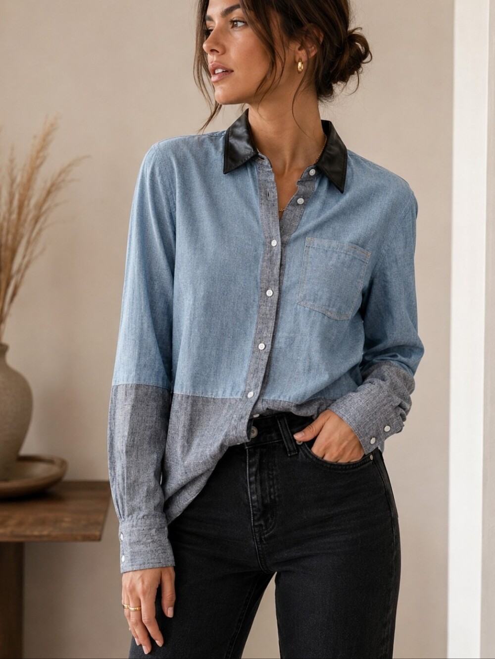 10 Crosby Derek Lam Blue Button-Down Shirt with Black Leather Collar Size 0